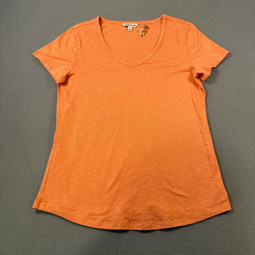Toad&Co Womens Large Orange Slub V-Neck T-Shirt Organic Cotton Tencel Blend